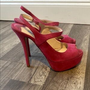 Prada peonia suede sling back peep toe high heels.